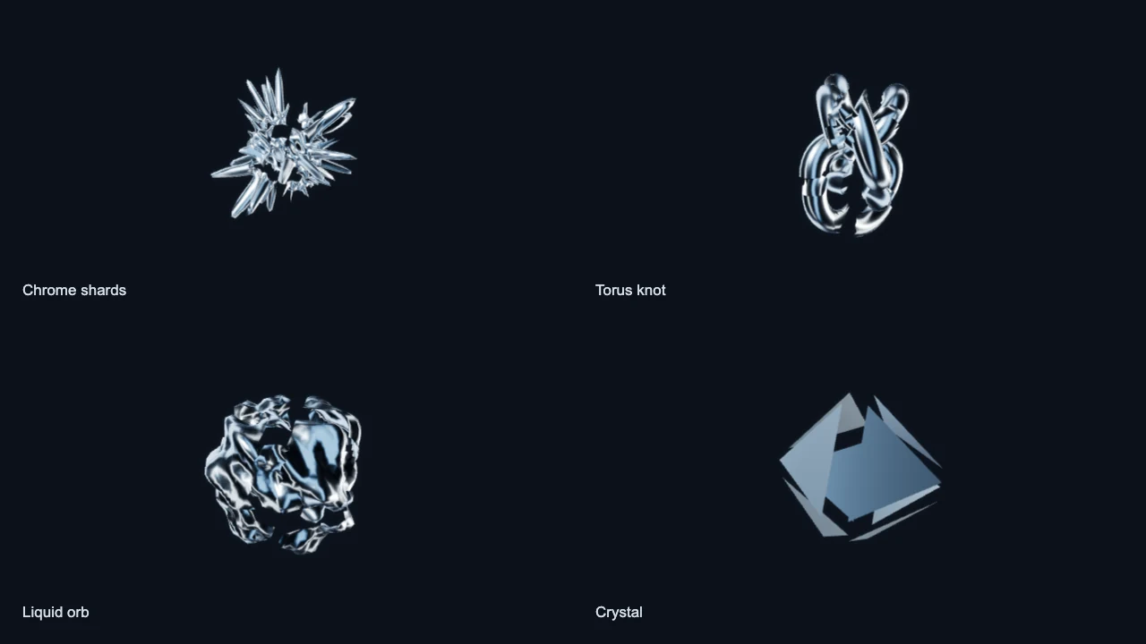 Four actual VisualizerWave renders labeled Chrome shards, Torus knot, Liquid orb and Crystal