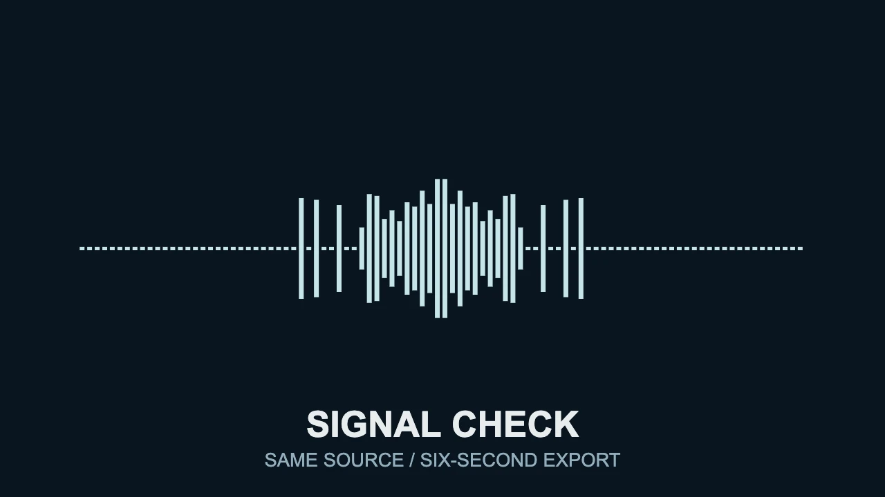 Actual VisualizerWave Mirror Line test output showing a pale blue spectrum and Signal Check title on a dark background