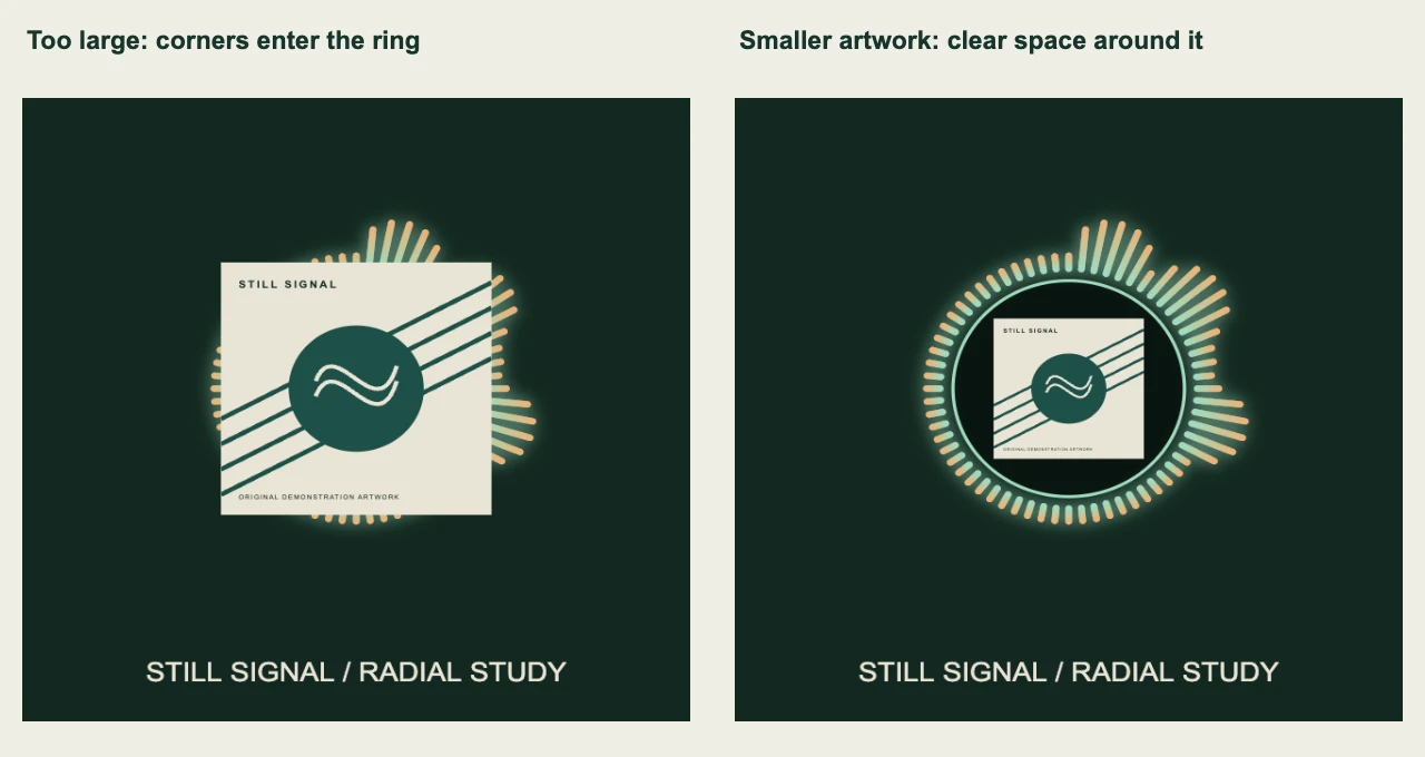 Two real renderer examples comparing oversized square artwork that obscures the ring with smaller artwork that leaves the ring visible