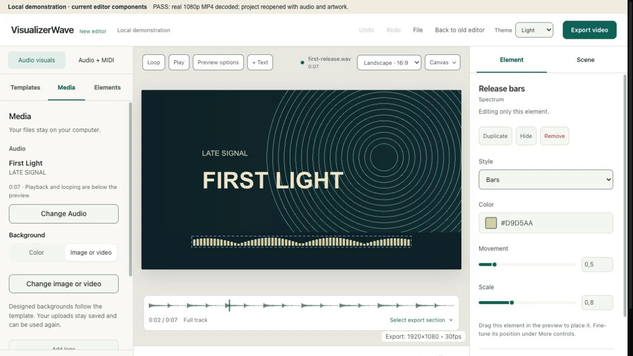 Current VisualizerWave editor with the First Light audio and image in Media, and Bars movement and scale controls beside the preview