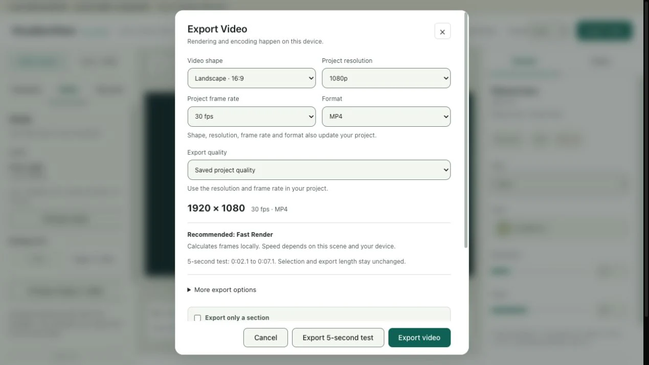 Current Export Video dialog showing landscape 16:9, 1080p, 30 fps, MP4, and the Export 5-second test button