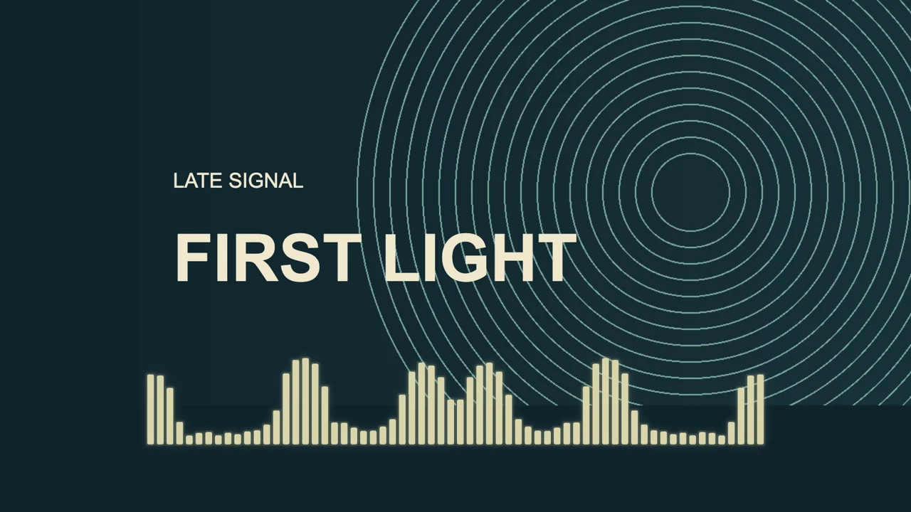 First Light music visualizer export with cream frequency bars, geometric artwork, and a readable artist and title