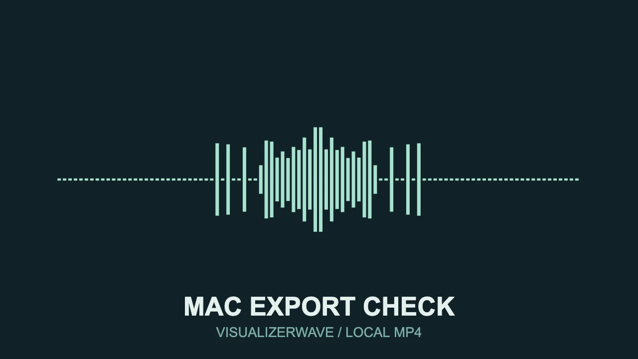 Actual VisualizerWave renderer output from a Mac export check, with a mint mirrored spectrum and Mac Export Check title