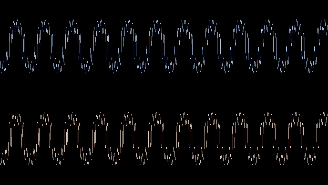 Frame from our actual FFmpeg export showing separate blue and gold stereo waveform traces on black