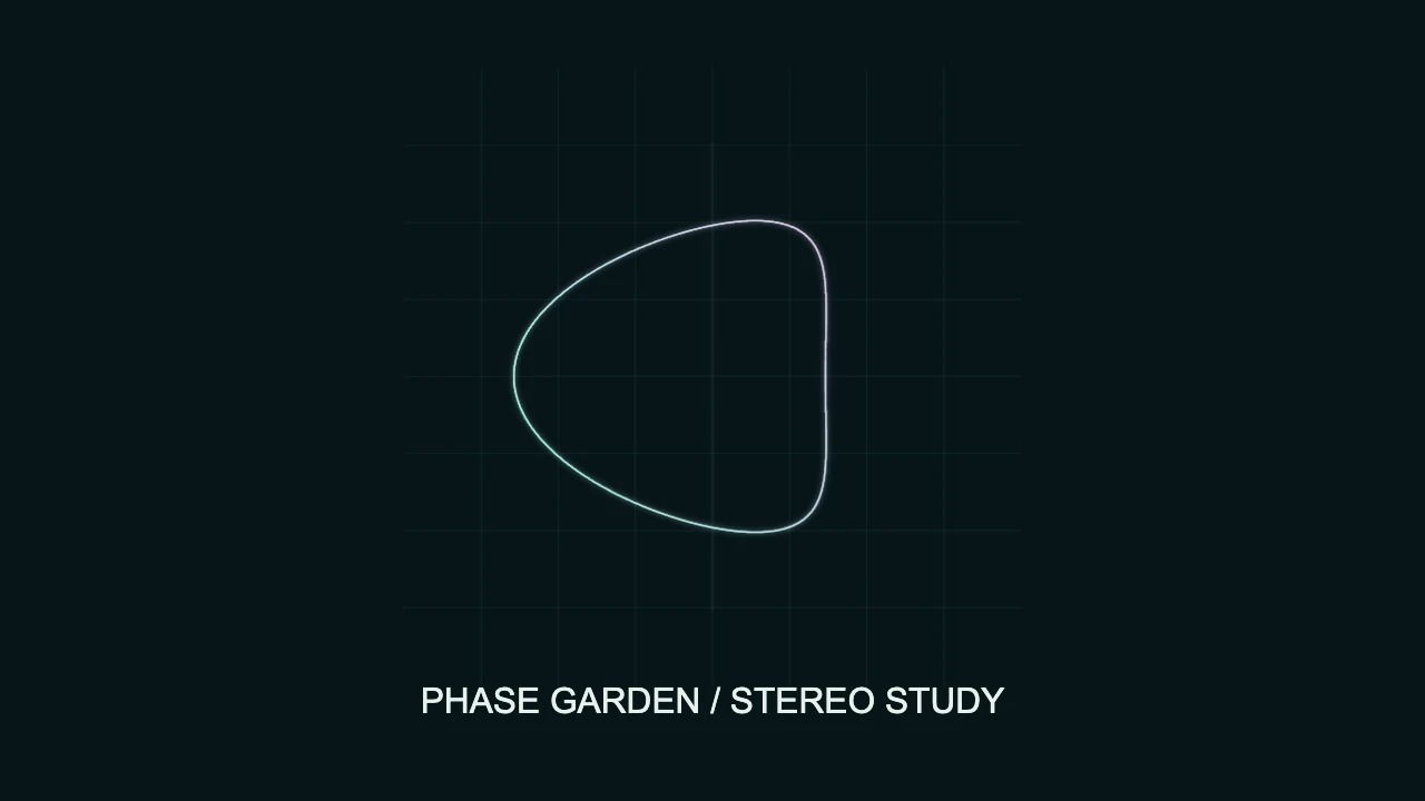Actual VisualizerWave stereo scope output showing a pale mint and pink trace on a dark grid with Phase Garden title text below