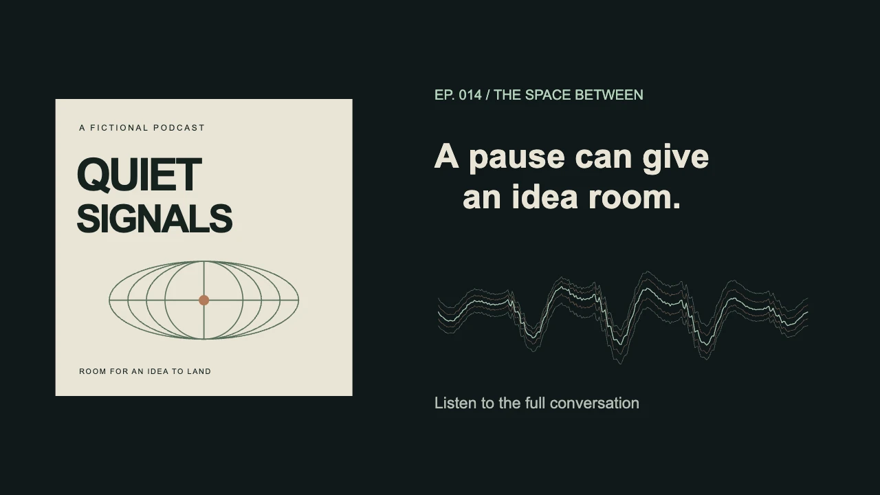 Actual VisualizerWave podcast video render with fictional Quiet Signals cover art, a clear episode headline and a small speech-driven waveform beside it