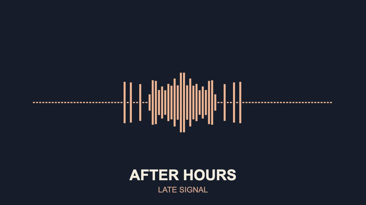 Actual VisualizerWave After Hours composition with warm mirrored frequency bars, cream title and Late Signal artist text on navy