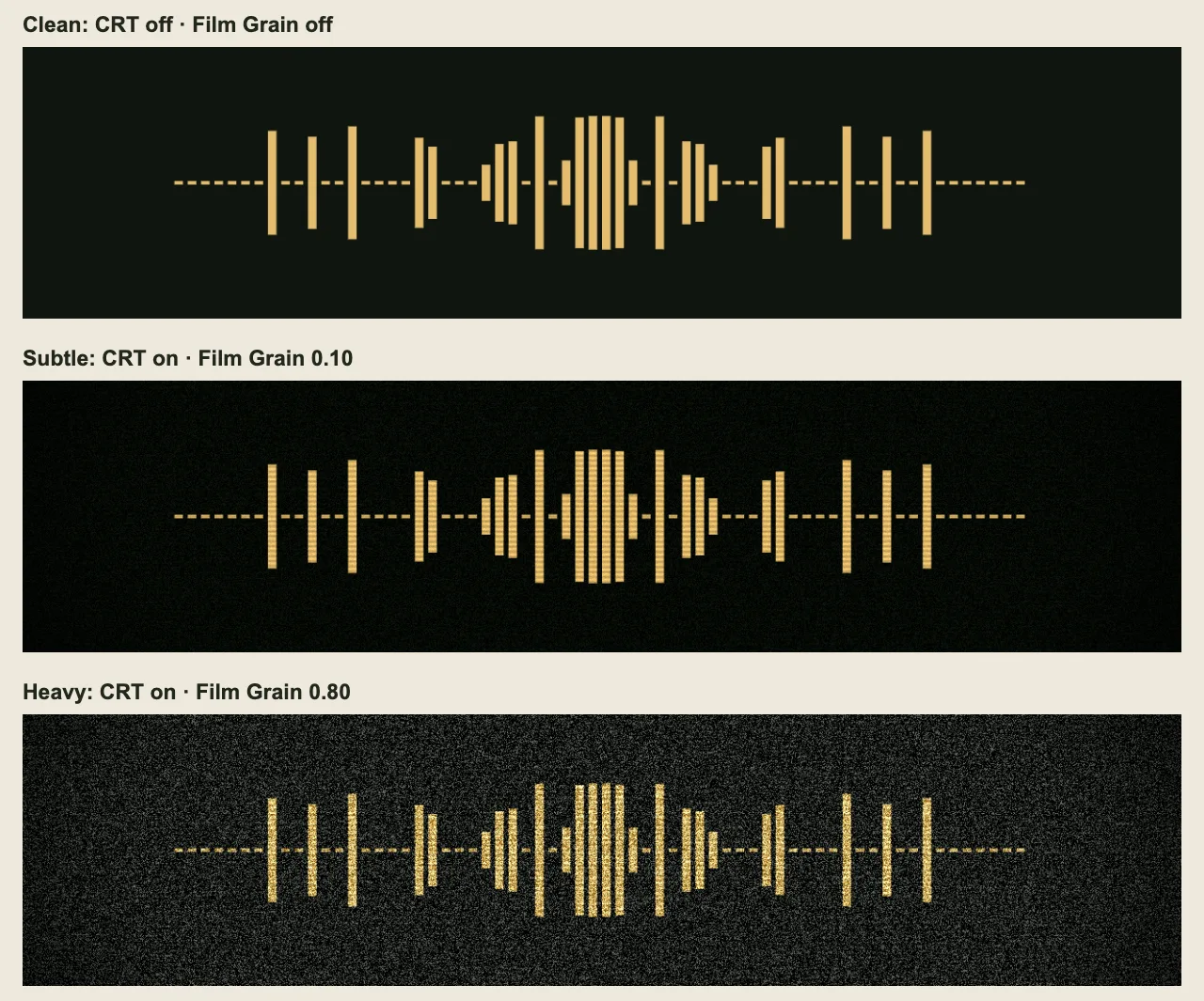 Three actual spectrum renders: clean with effects off, subtle with CRT and 0.10 grain, and heavy with CRT and 0.80 grain