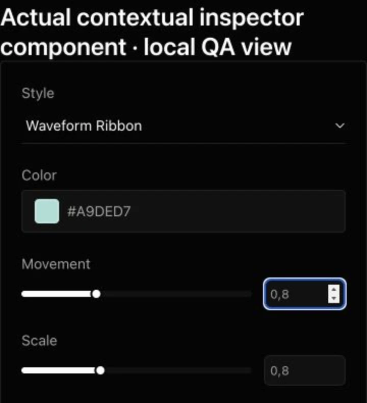 Actual VisualizerWave contextual inspector component showing Waveform Ribbon, Movement 0.8 and Scale 0.8 in a local test view